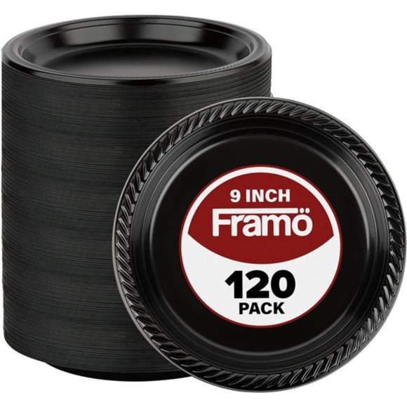 Disposable Black Plastic Plates, Pack of 120-9-Inch Round Plastic Plates - Picture 1 of 7